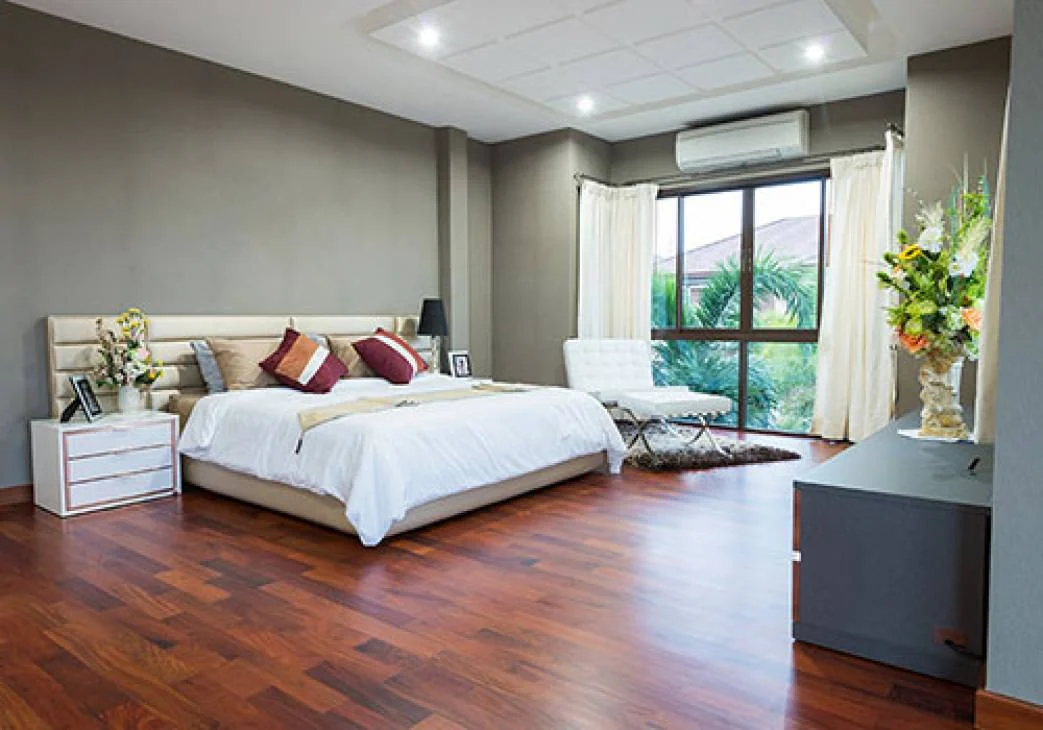 Sunlit interior with warm timber flooring